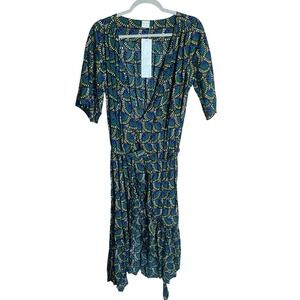 Silk & Salt Blue Green‎ Geometric Fan Print Midi Wrap Dress Womens Large NWT